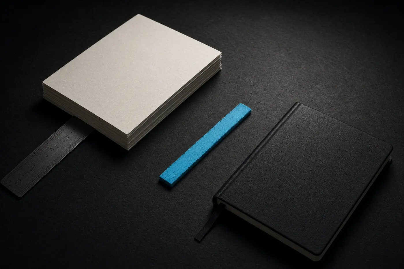 Studio, papier, linijka, błękitny akcent